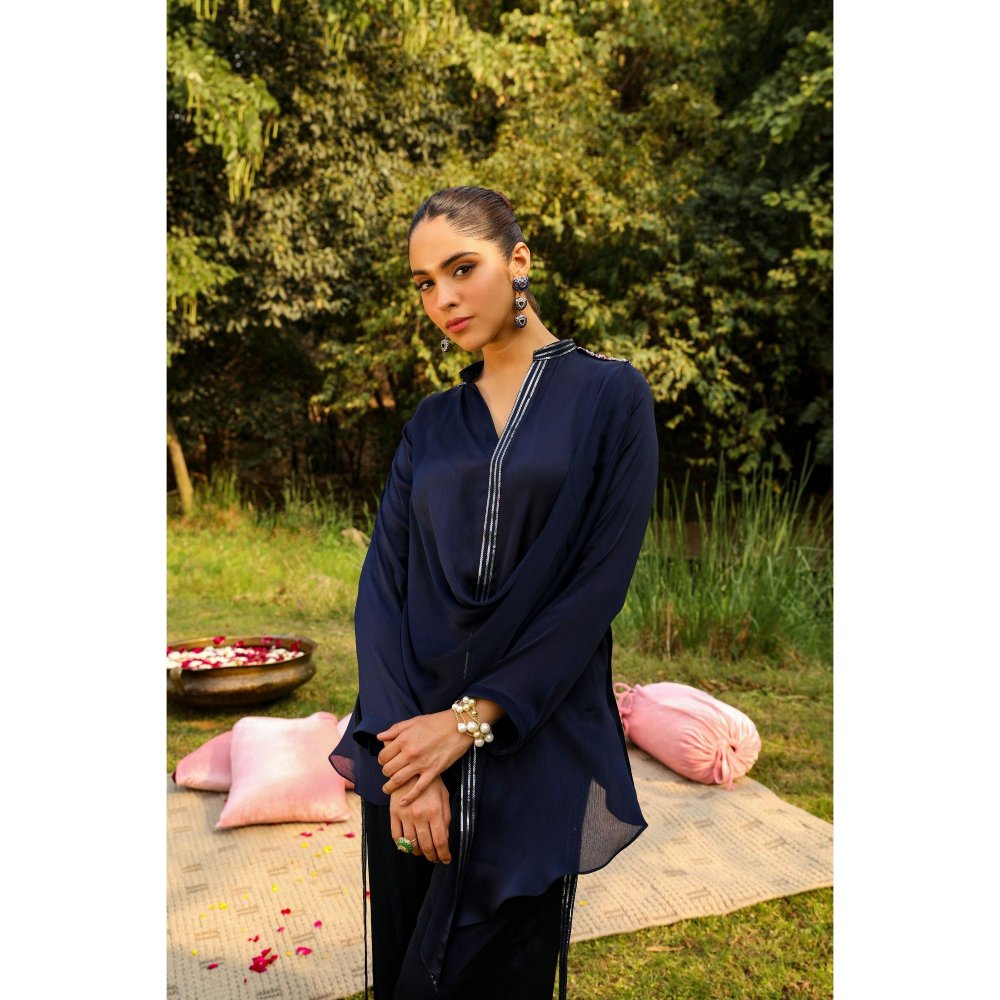 Ajiesh Oberoi Navy Blue Jhilmil Tunic with Palazzo (Set of 2)