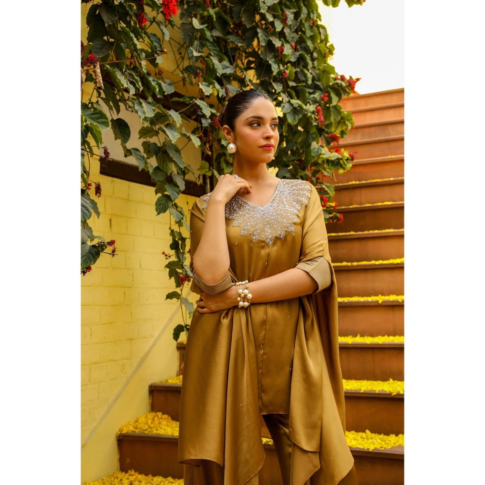 Ajiesh Oberoi Brown Gauri Kaftan with Palazzo (Set of 2)