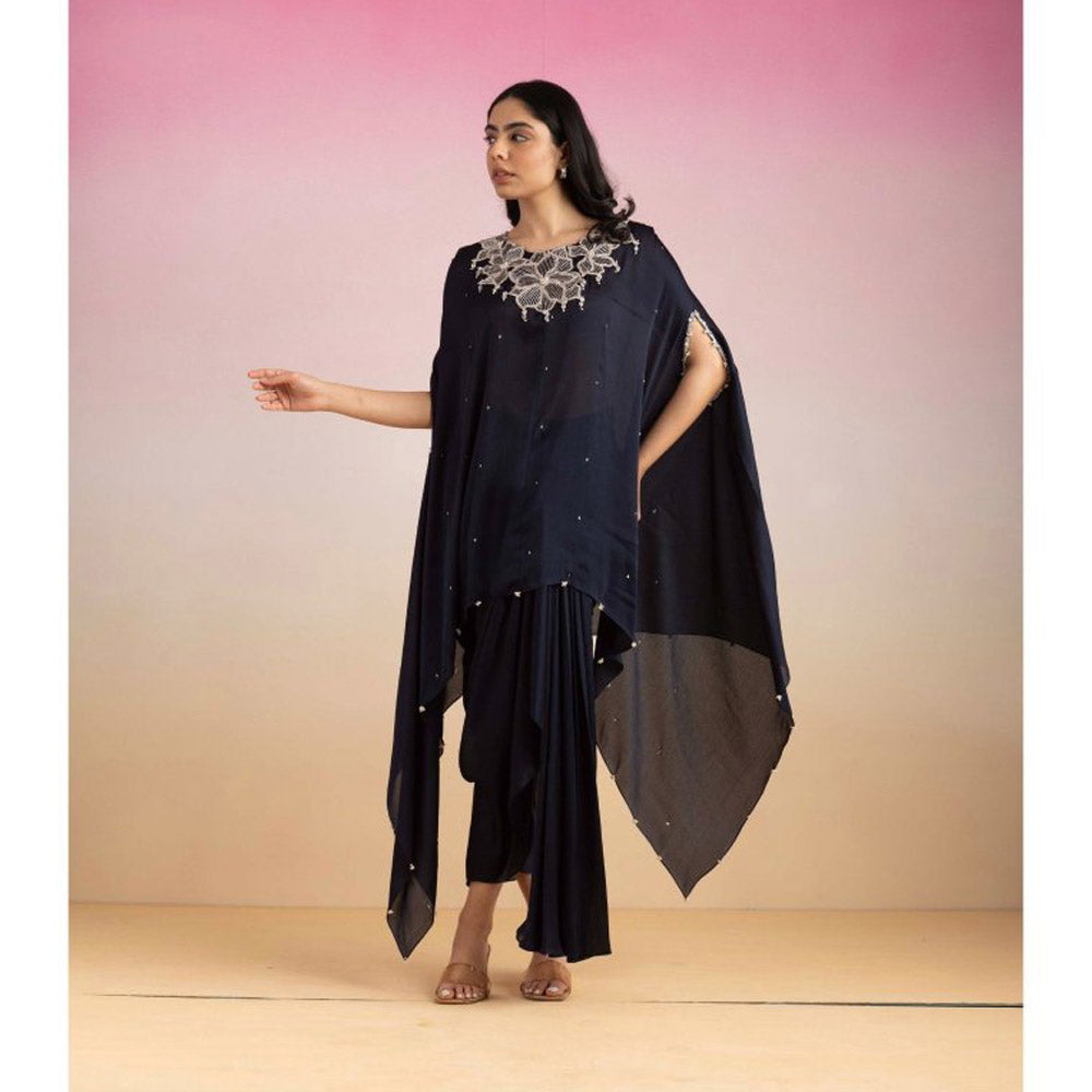 Ajiesh Oberoi Navy Blue Rhythm Cape Sleeve Tunic with Skirt (Set of 2)