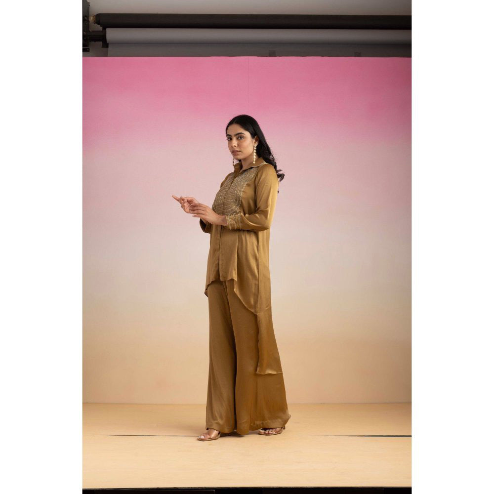 Ajiesh Oberoi Brown Chamakh Palazzo with Shirt (Set of 2)