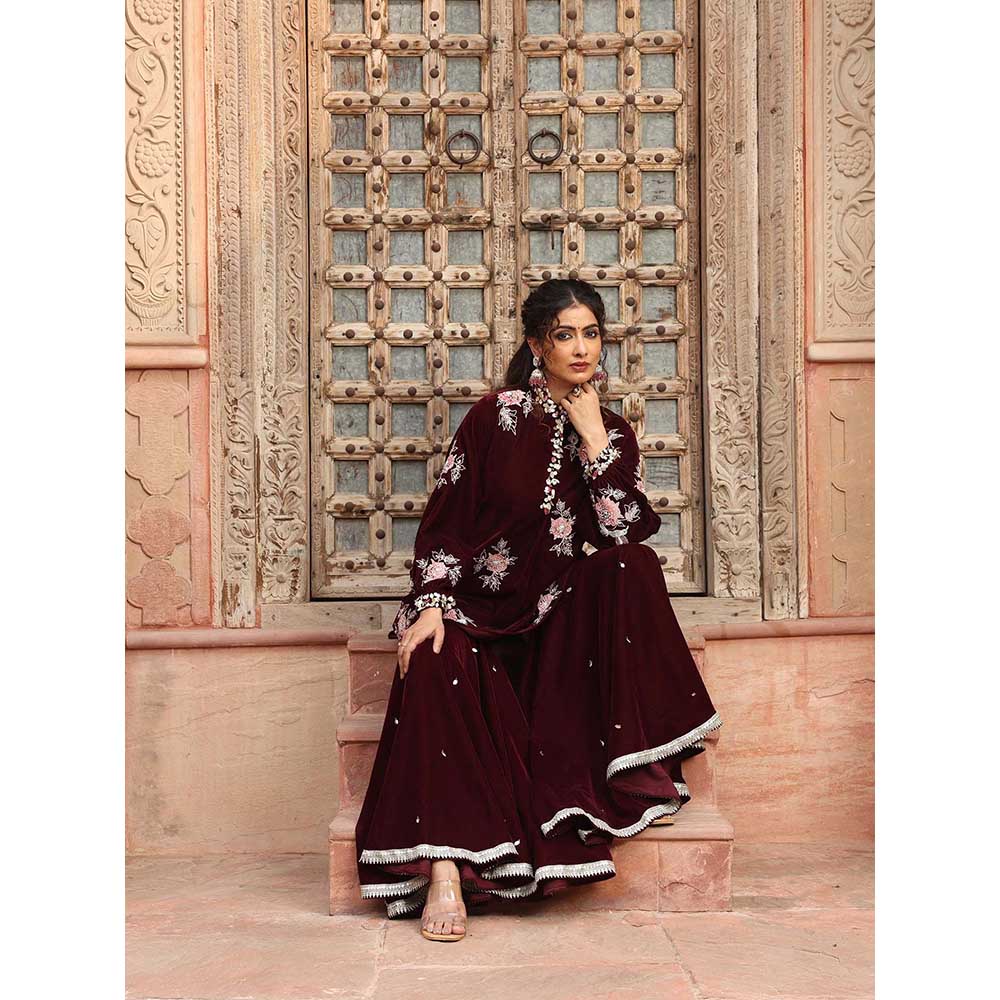 Ajiesh Oberoi Wine Peplum Top with Sharara (Set of 2)