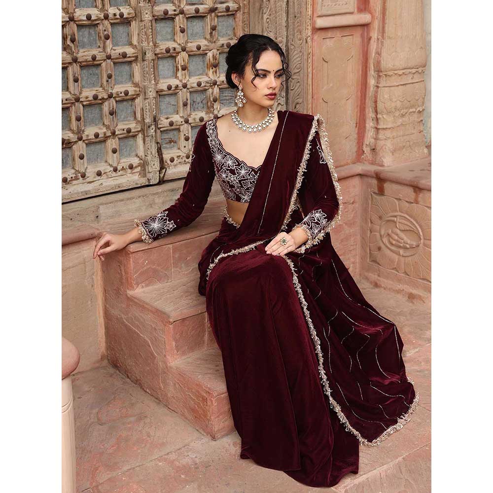 Ajiesh Oberoi Wine Pre-Draped Saree with Stitched Blouse