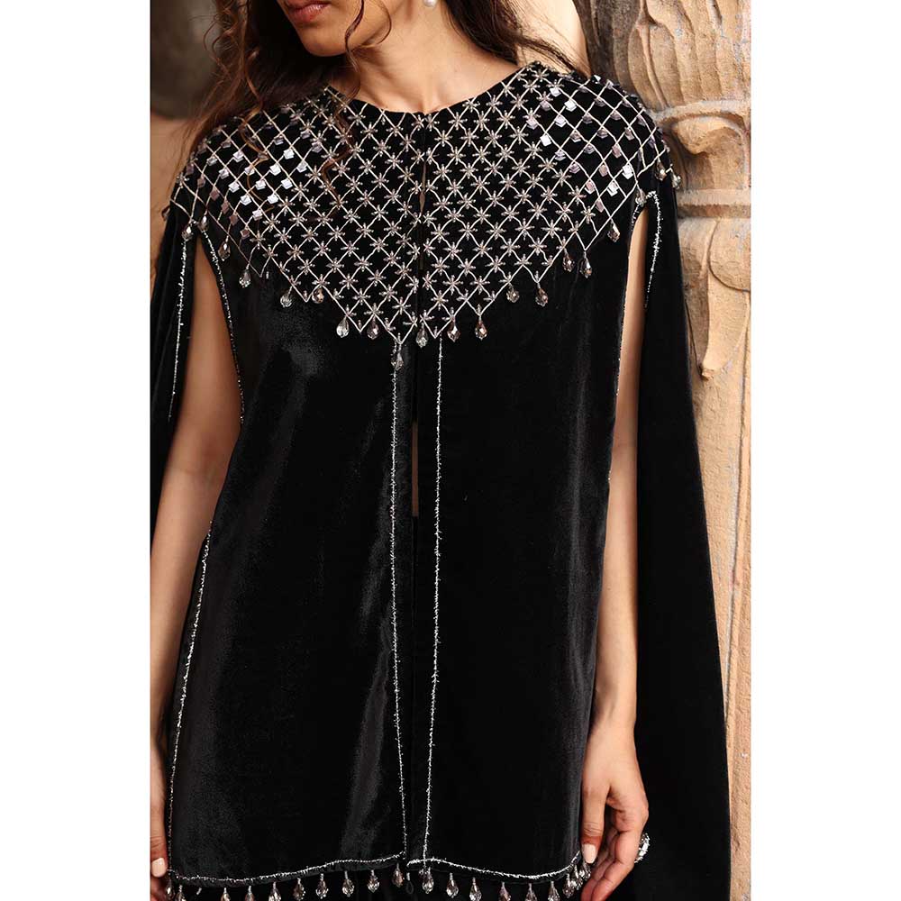Ajiesh Oberoi Black Cape Sleeve Top with Sharara (Set of 2)