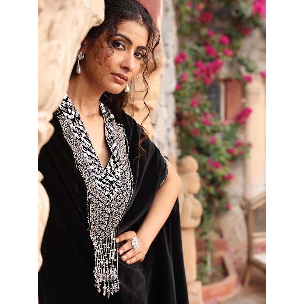 Ajiesh Oberoi Black Cape Sleeve Top with Sharara (Set of 2)