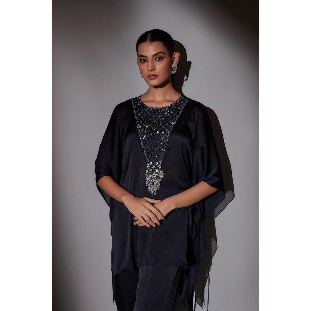 Ajiesh Oberoi Navy Blue Flora Short Kaftan with Flared Sharara (Set of 2)