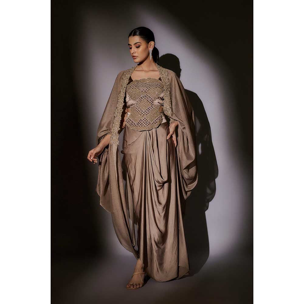 Ajiesh Oberoi Beige Heavy Hand Embroidered Top with Cape and Skirt (Set of 3)