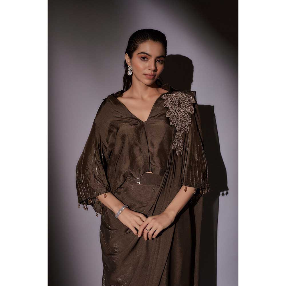 Ajiesh Oberoi Brown Richa Bohemian Inspired Pre Draped Saree with Stitched Blouse