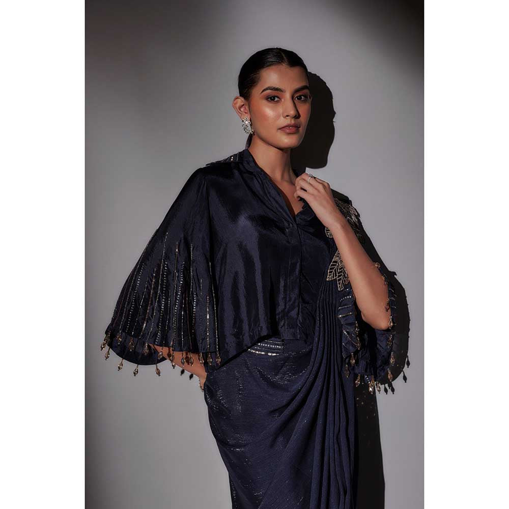 Ajiesh Oberoi Navy Blue Richa Bohemian Inspired Pre Draped Saree with Stitched Blouse