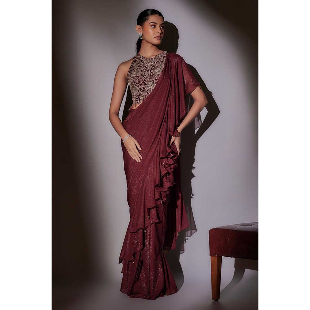 Ajiesh Oberoi White Sana Leaf Embroidery Frill Pre Draped Saree with Stitched Blouse