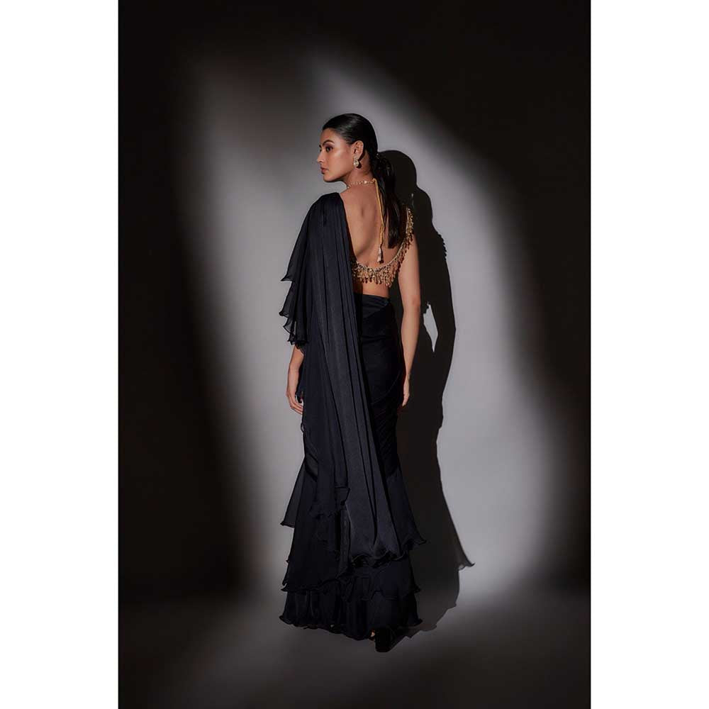 Ajiesh Oberoi Black Shaina Frill Pre Draped Saree with Stitched Blouse