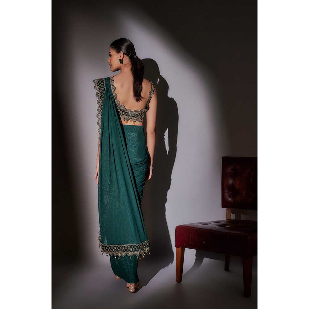 Ajiesh Oberoi Green Rose Heavy Hand Embroidered Pre Draped Saree with Stitched Blouse