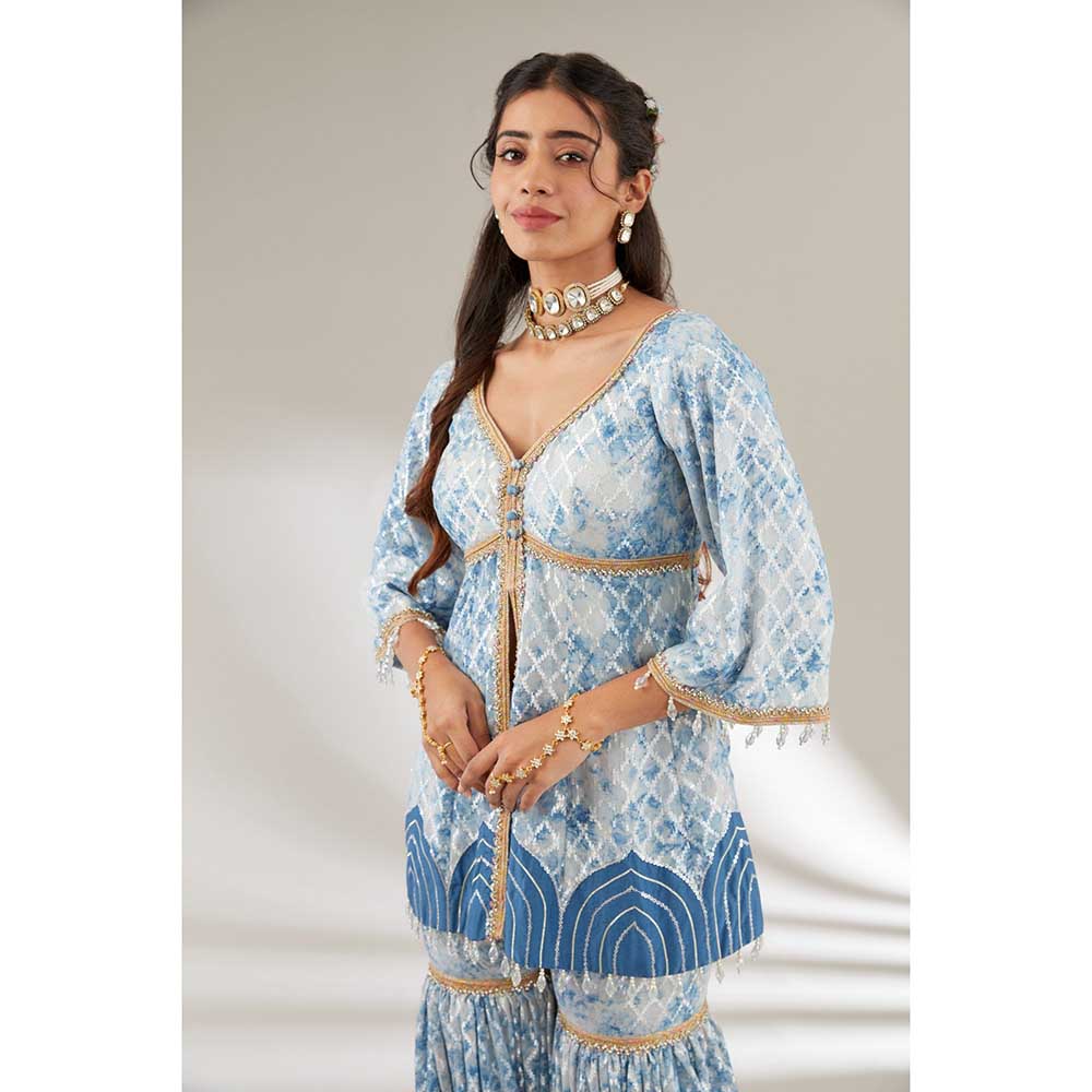 Ajiesh Oberoi Blue Front Cut Peplum Short Kurta with Flared Sharara (Set of 2)