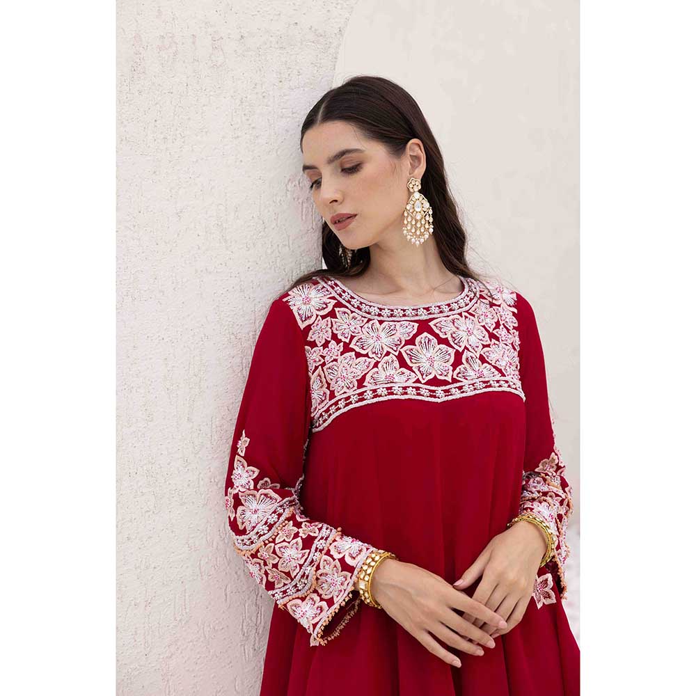 Ajiesh Oberoi Red Phool Peplum Top with Sharara and Dupatta (Set of 3)