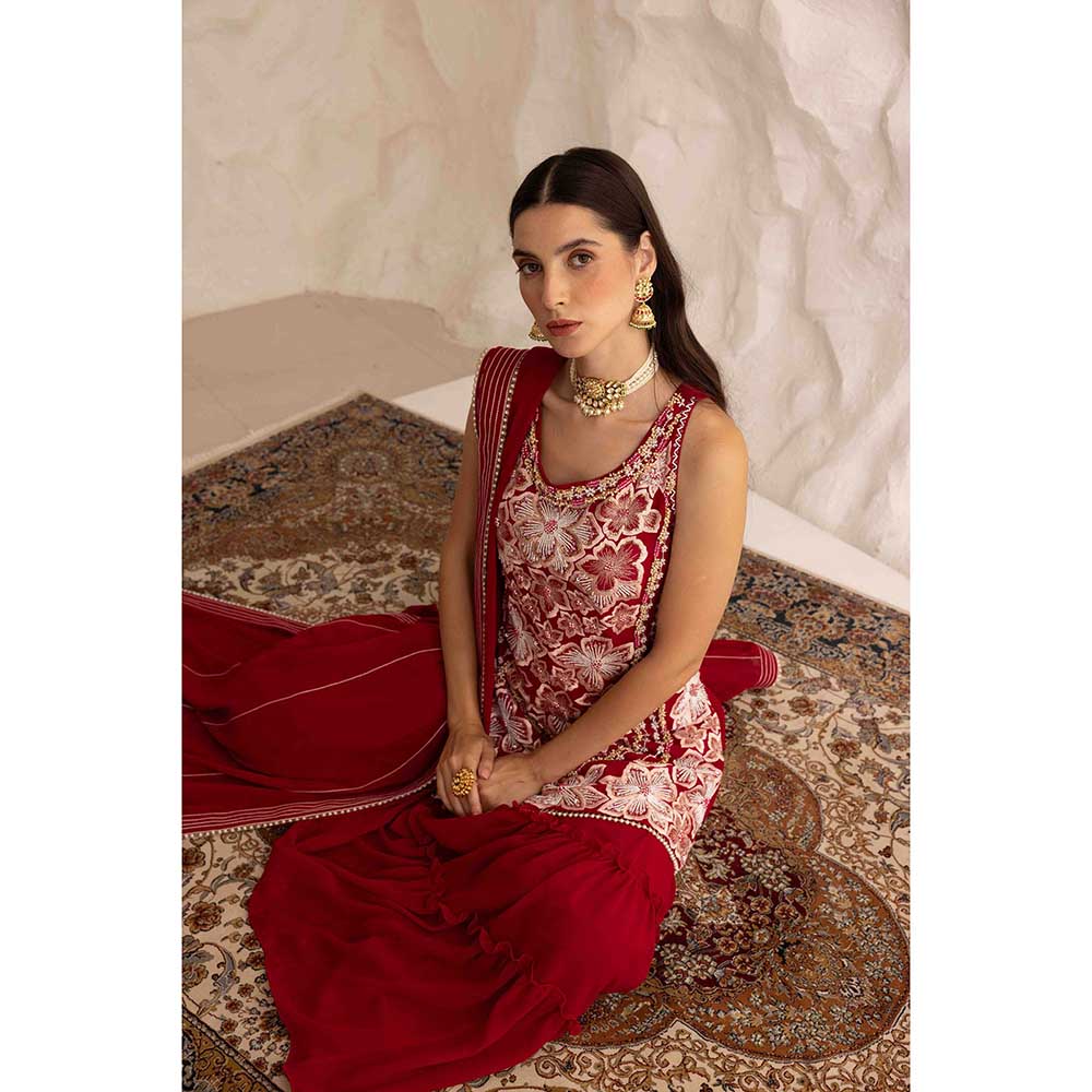 Ajiesh Oberoi Red Prisha Short Kurta with Sharara and Dupatta (Set of 3)