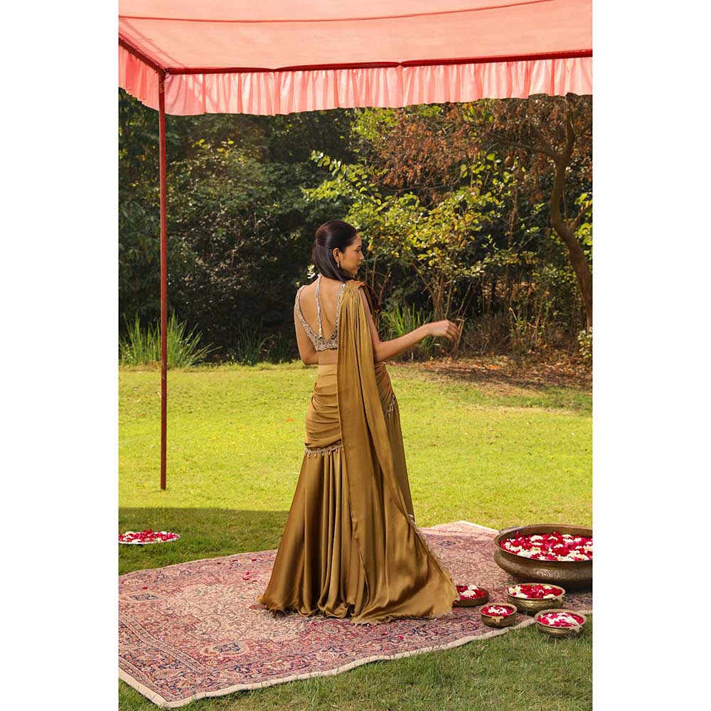 Ajiesh Oberoi Scalp Dori Embroidery Stitched Blouse Paired With Draped Sharara Saree - Gold
