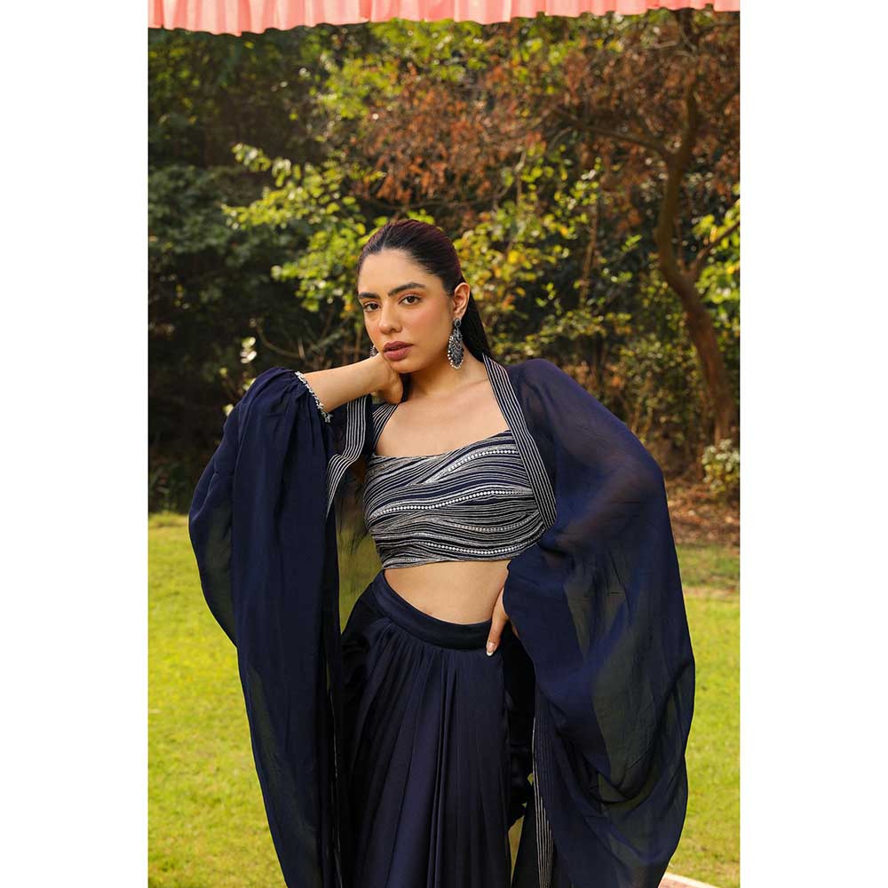 Ajiesh Oberoi Star Shot Crystal Embroidery Lehenga With Stitched Blouse And Cape - Navy Blue