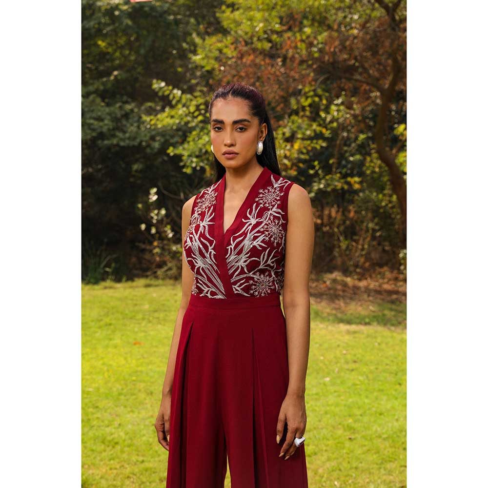 Ajiesh Oberoi Flora Inspired Yoke Embroidery Flared Jumpsuit - Maroon