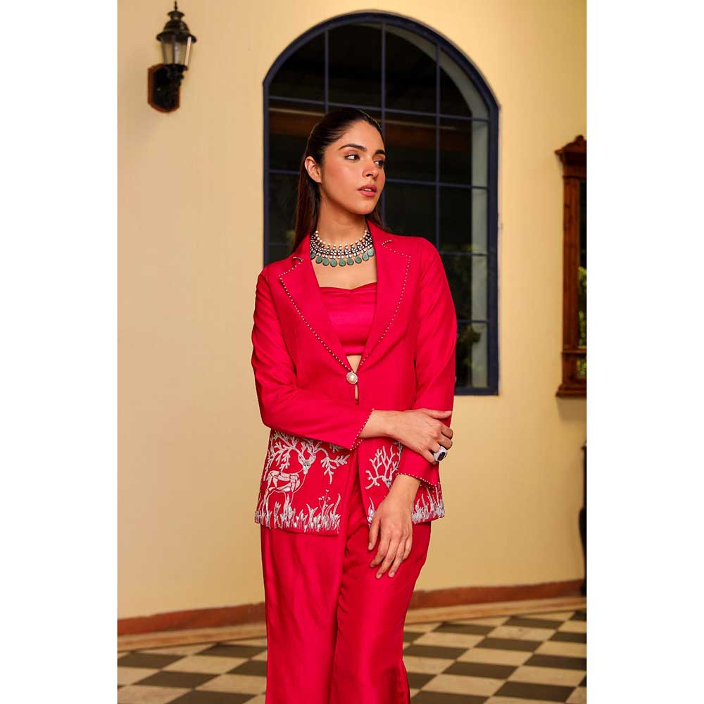 Ajiesh Oberoi Crystal Sleeves Deer Embroidery Jacket With Pant And Bustier- Red