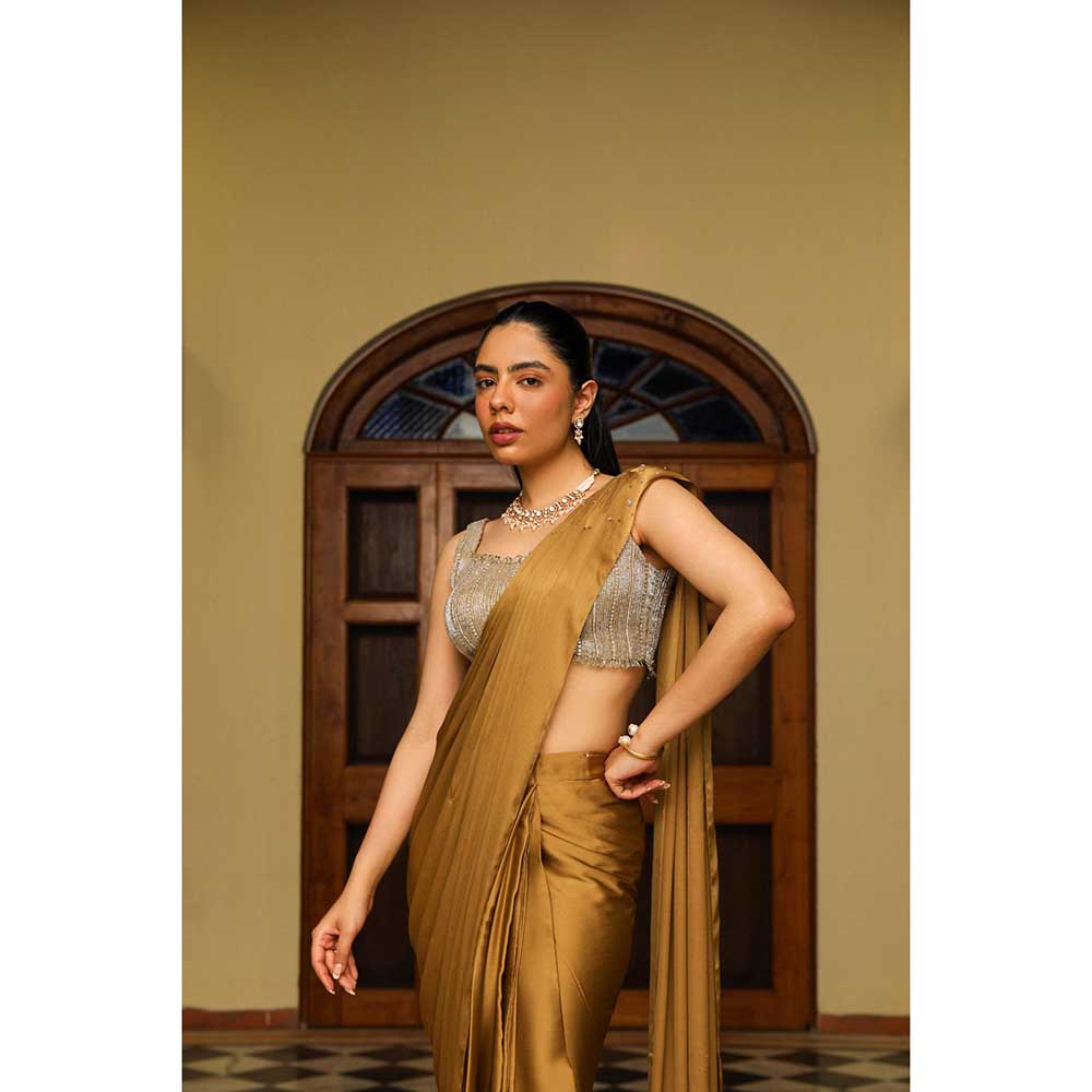 Ajiesh Oberoi Heavy Dori And Cut Dana Embellished Stitched Blouse With Drape Saree - Gold
