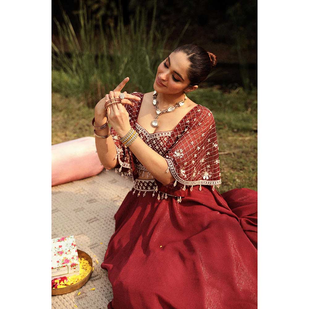 Ajiesh Oberoi Full Embraided Badla Stitched Blouse With Lehenga - Maroon