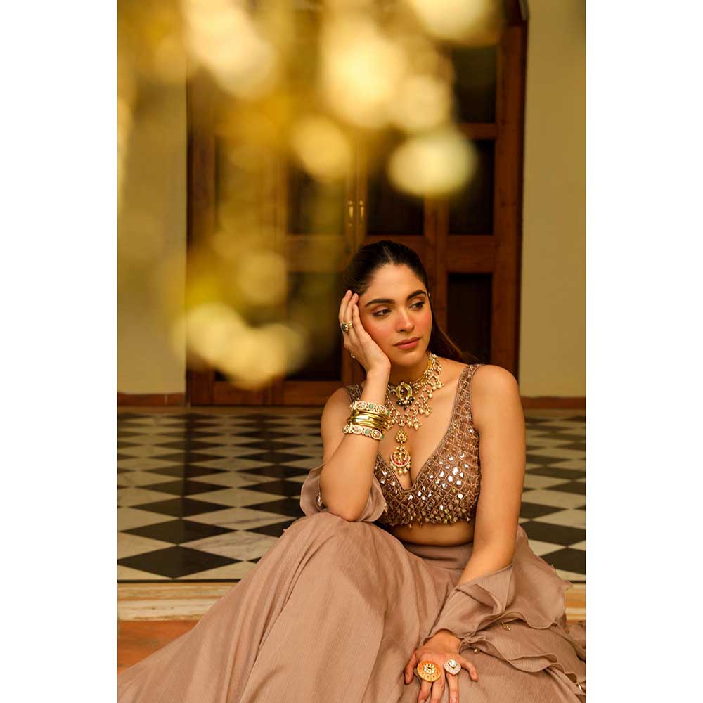 Ajiesh Oberoi Crystal Sheet Embraided Lehenga With Stitched Blouse And Dupatta - Brown