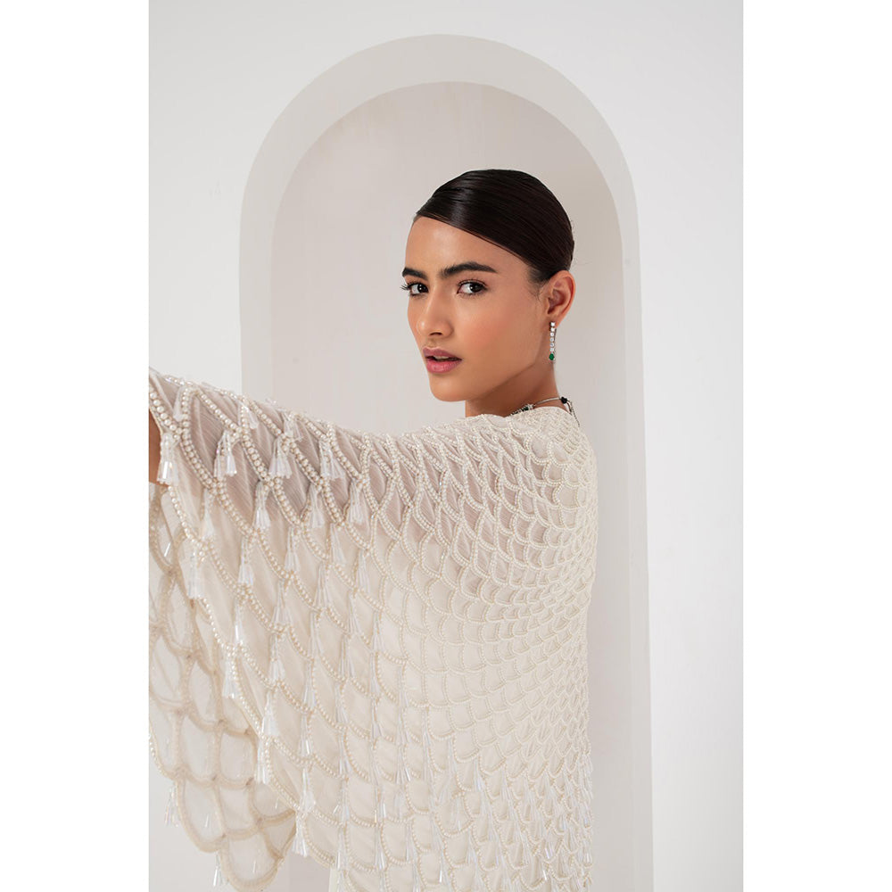 AKARA Women's White Embellished Maxi Dress with Cape (Set of 2)