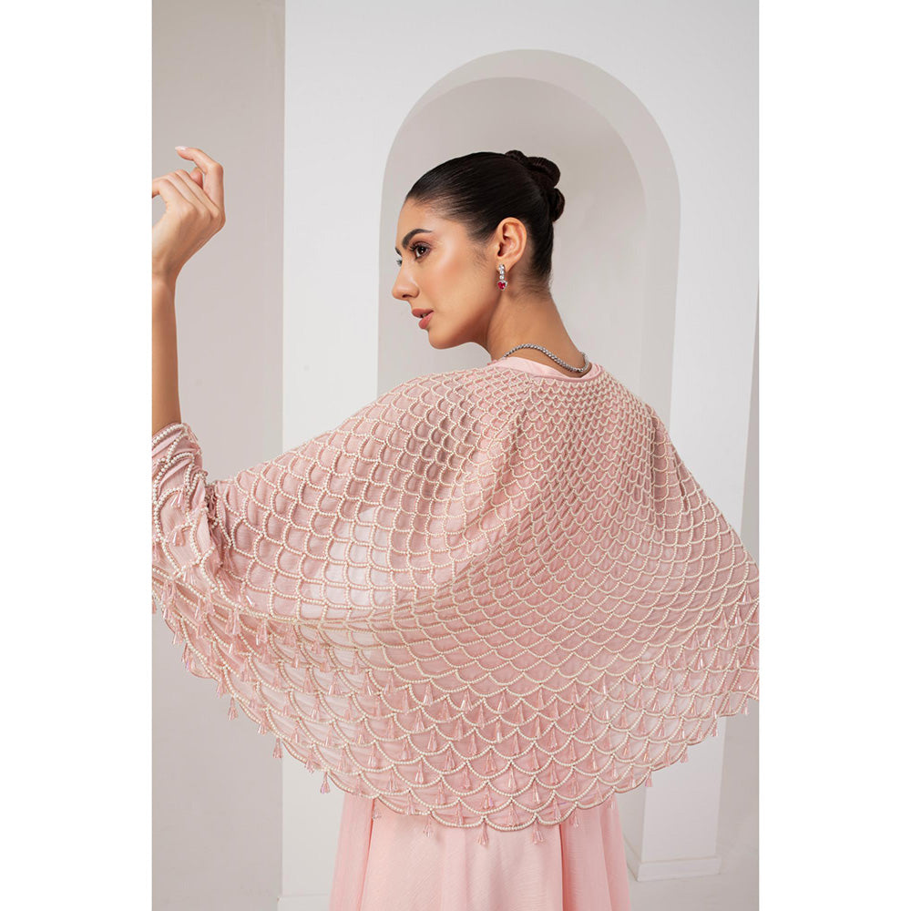 AKARA Women's Pastel Pink Embellished Maxi Dress with Cape (Set of 2)