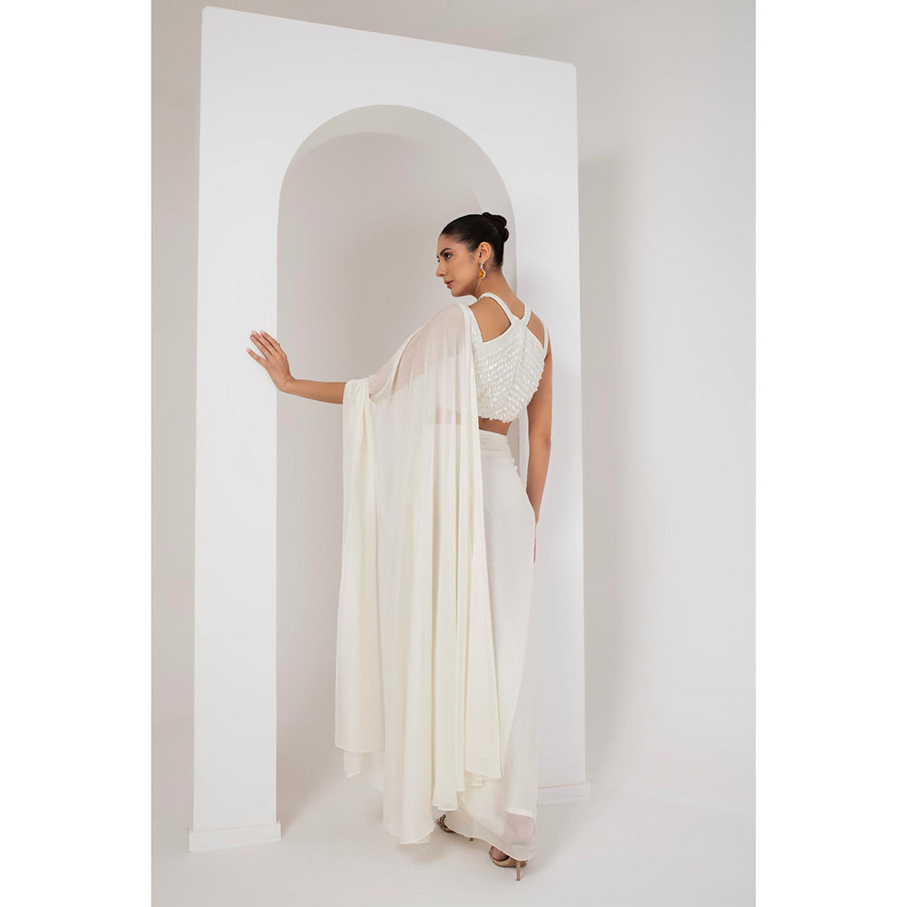 AKARA Women's Ivory Crystal Embellished Pre Drape Saree with Stitched Blouse