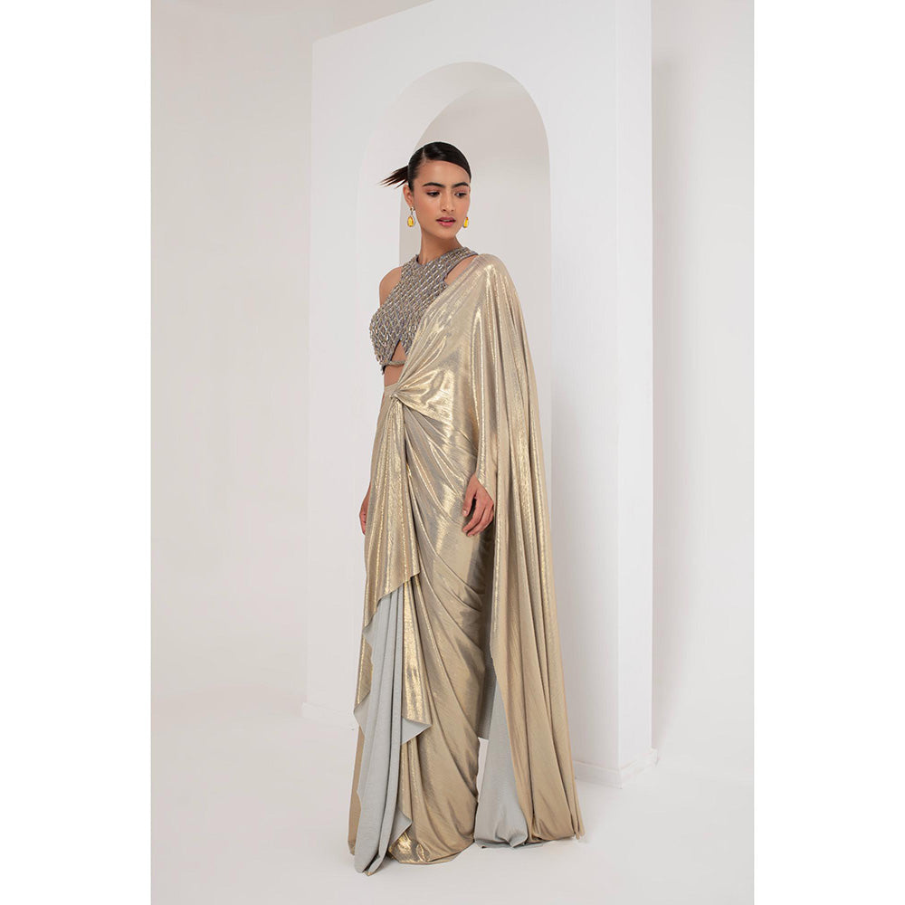 AKARA Women's Grey Metallic Embellished Pre Drape Saree with Stitched Blouse