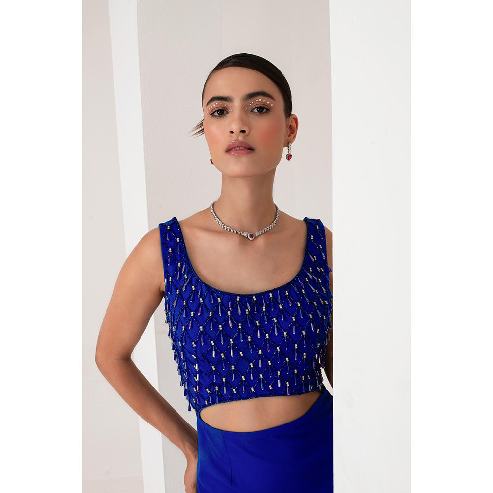 AKARA Women's Blue Embellished Pre Drape Saree with Stitched Blouse