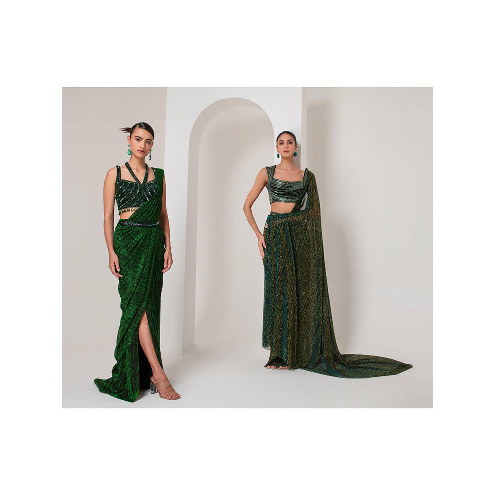 AKARA Women's Nalki Embellished Pre Drape Saree with Stitched Blouse & Belt