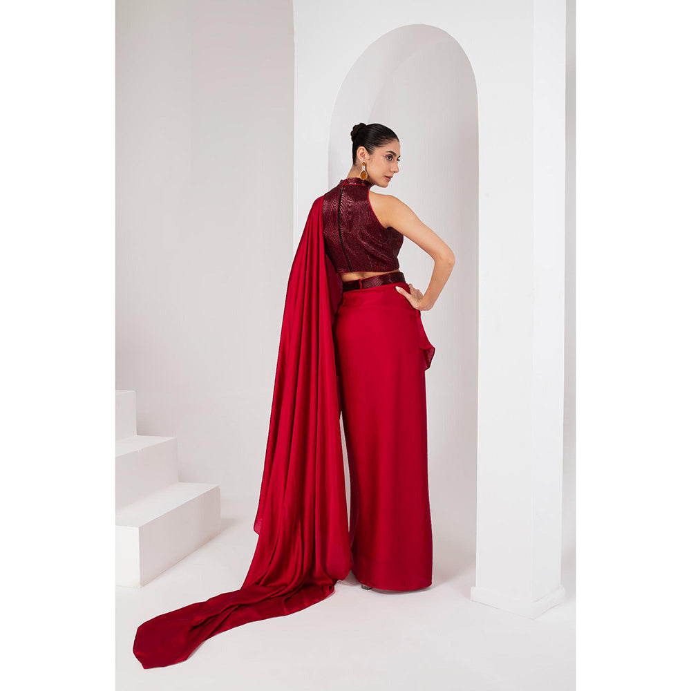 AKARA Women's Red Nalki Embellished Pre Drape Saree with Stitched Blouse & Belt