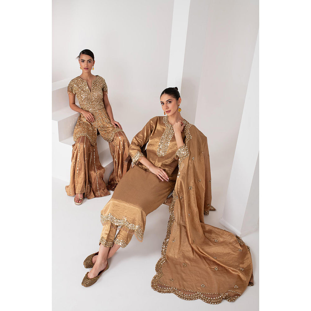 AKARA Women's Gold Tissue Embellished Mirror Work Kurta with Pant and Dupatta (Set of 3)