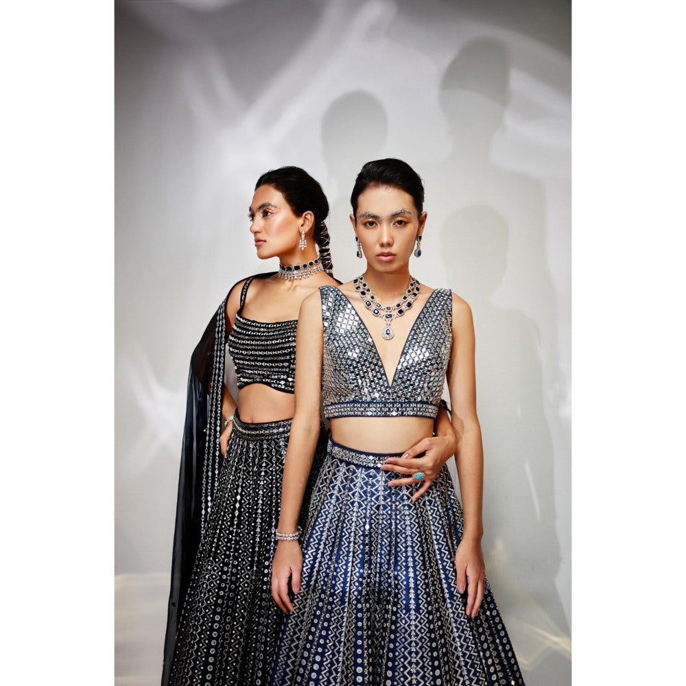 AKARA Women's Midnight Blue Mirror Work Stitched Blouse with Lehenga and Dupatta (Set of 3)