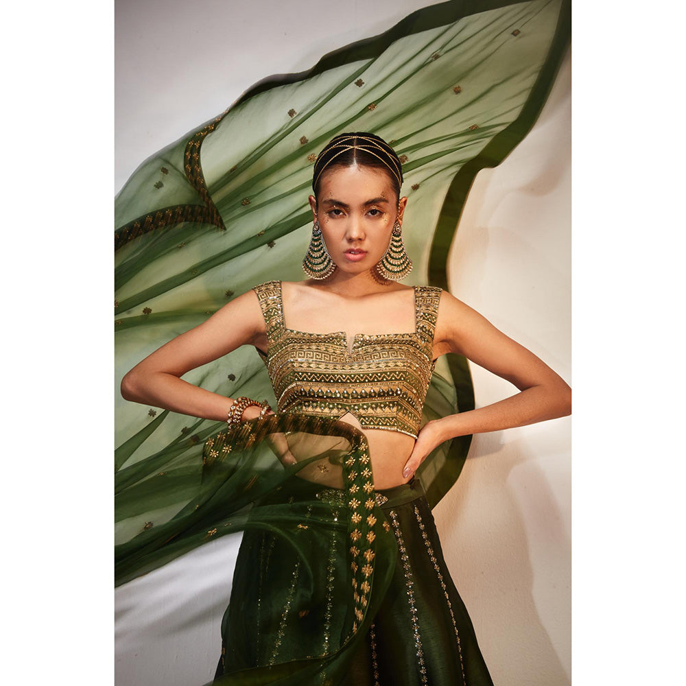 AKARA Women's Green Embellished Stitched Blouse with Lehenga and Dupatta (Set of 3)