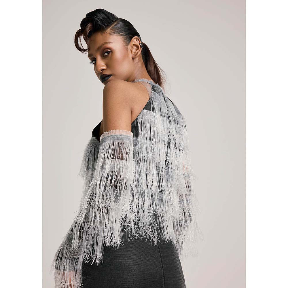 AKHL Charcoal Glass Halter Fringe Dress