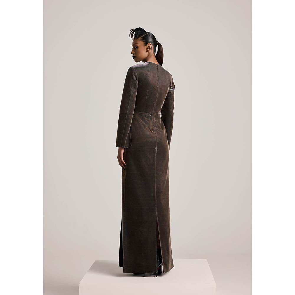 AKHL Brown Gathered Lurex Tulle Dress