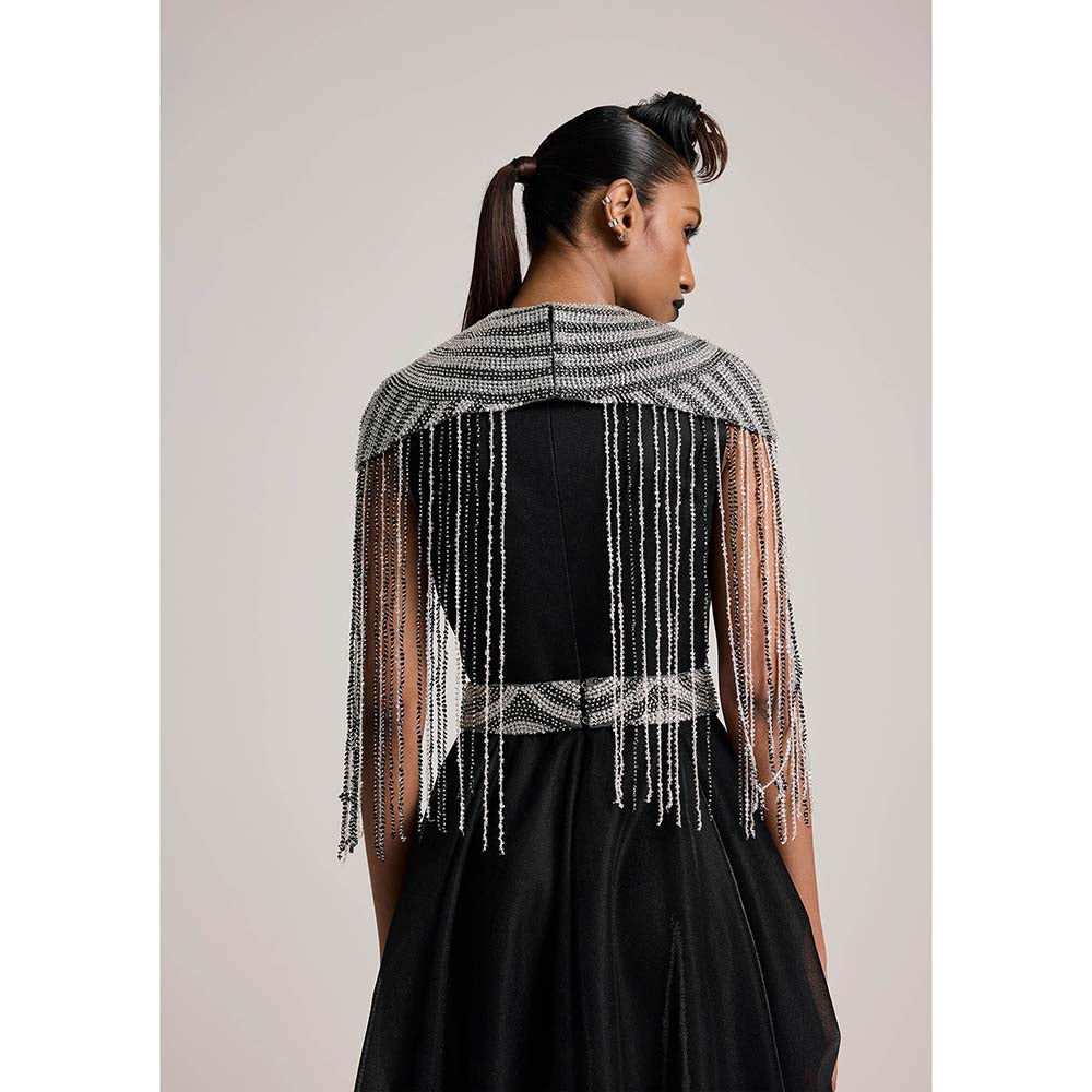 AKHL Black Sequins Tassel Cape with Dress and Belt (Set of 3)