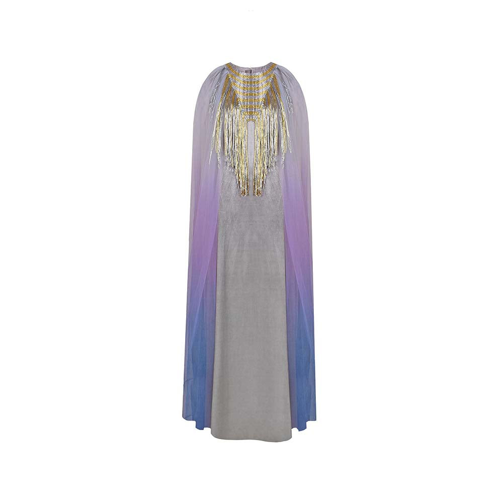 AKHL Silver Triangular Metallic Tulle Cape Sleeve Dress