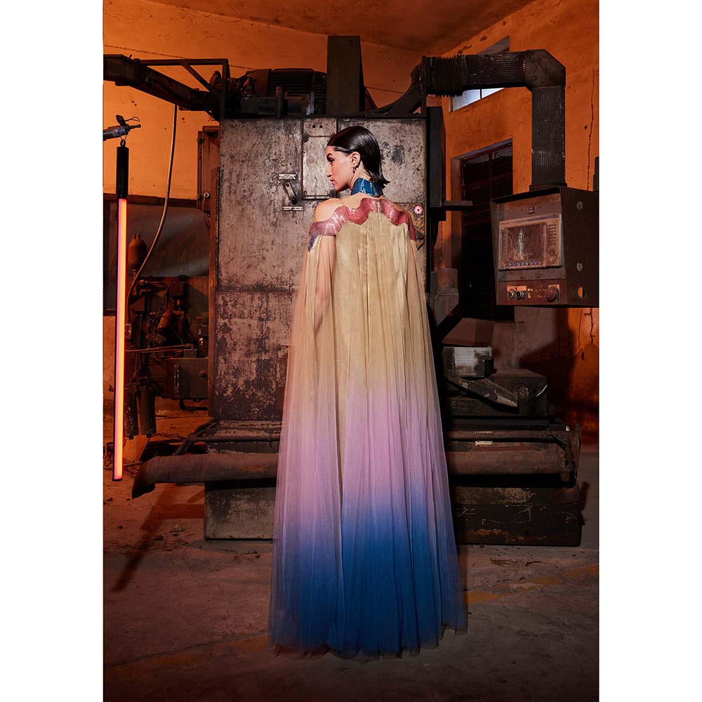 AKHL Gold Gradient Glass Cape Sleeve Dress