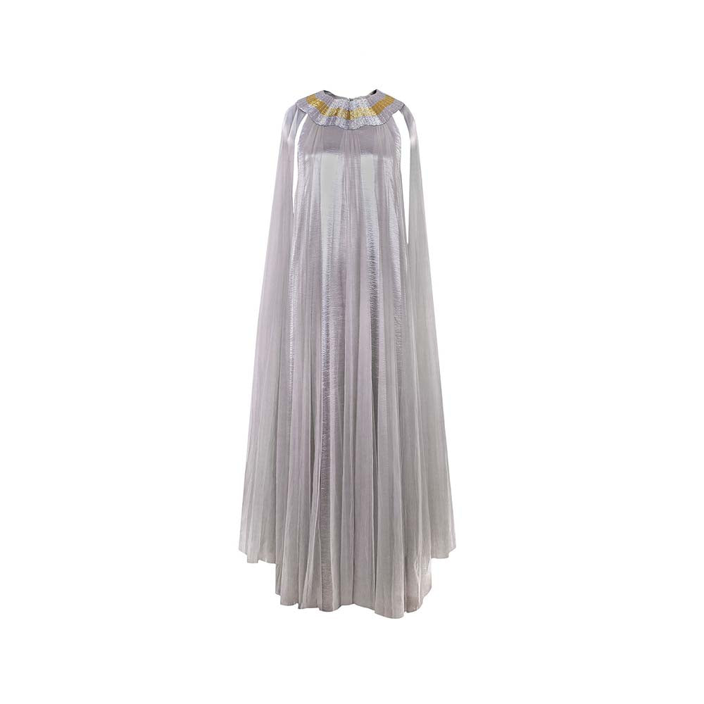 AKHL Silver Wave Metallic Yoke Tulle Dress with Attached Cape