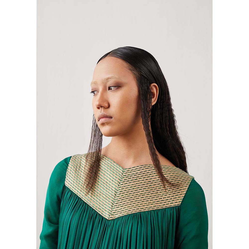 AKHL Green Angular Gathered Satin Dress