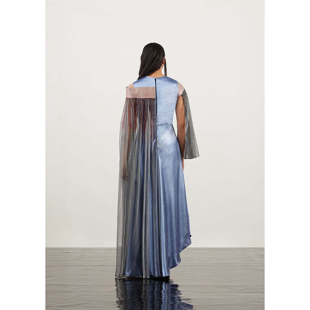 AKHL Blue Angular Arc Cape Sleeve Dress