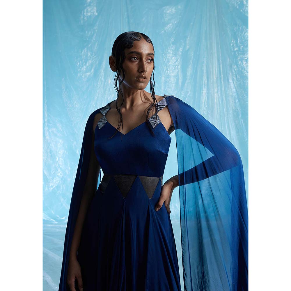 AKHL Blue Diamond Sequins Gradient Dress with Attached Cape