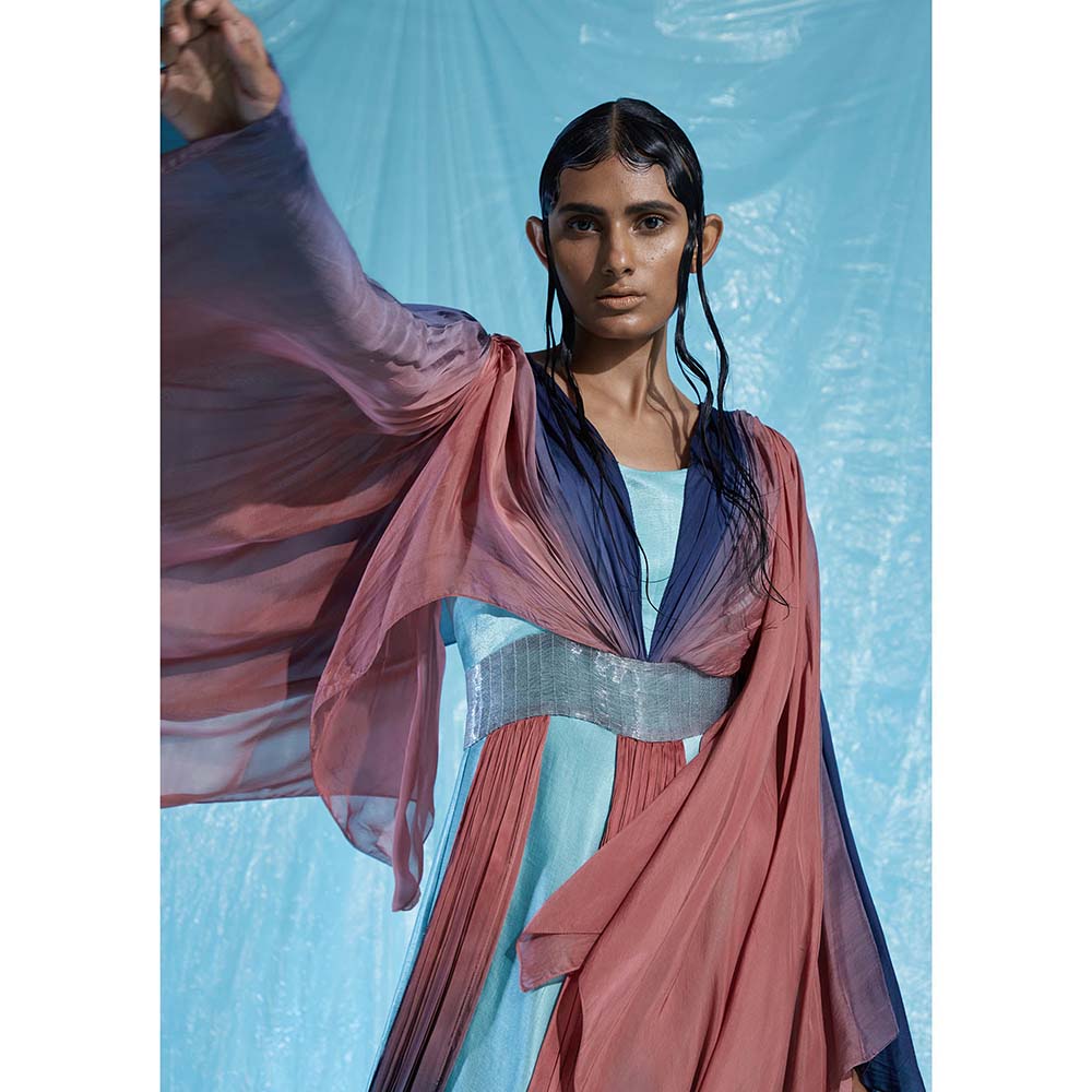 AKHL Turquoise Satin & Chiffon Dress with Attached Belt