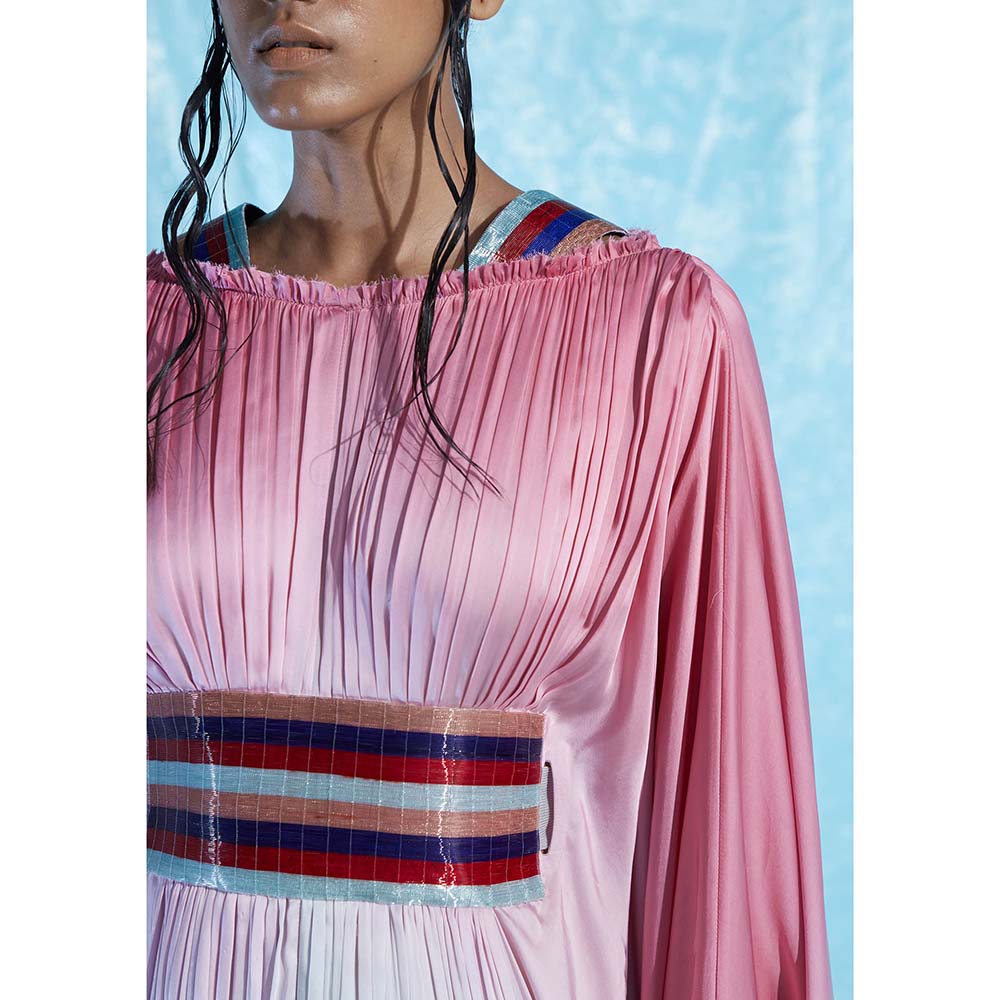 AKHL Pink Glass Satin Kaftan Dress with Belt (Set of 2)