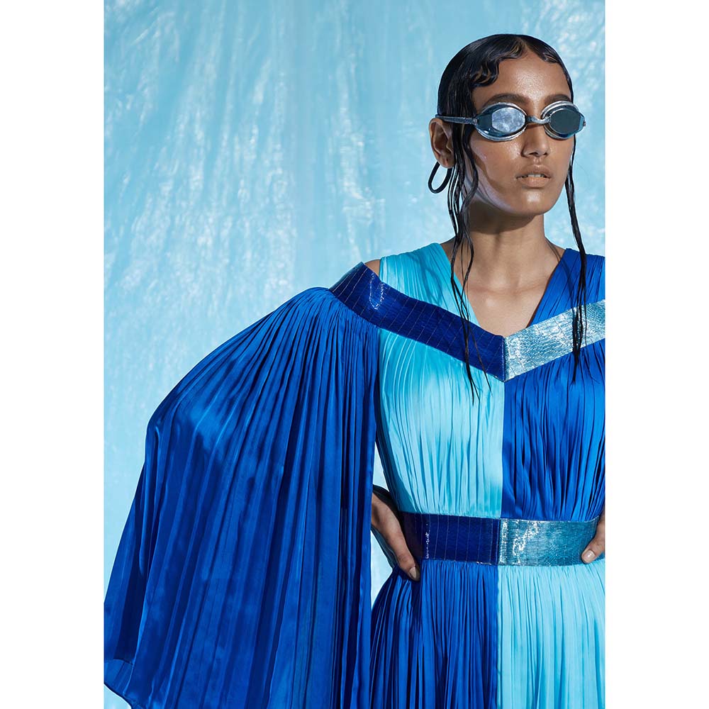 AKHL Blue Gathered Glass Satin Dress