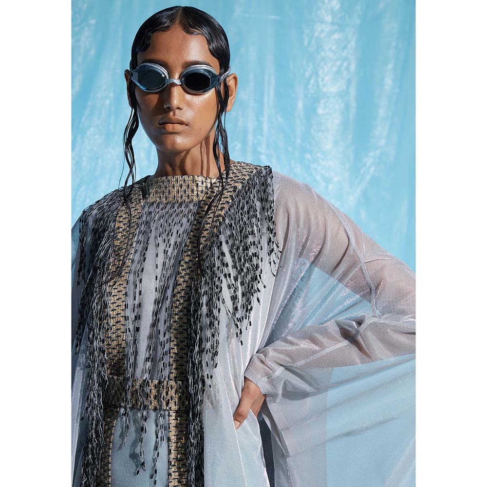 AKHL Silver Lurex and Silk Raffia Kaftan with Slip (Set of 2)