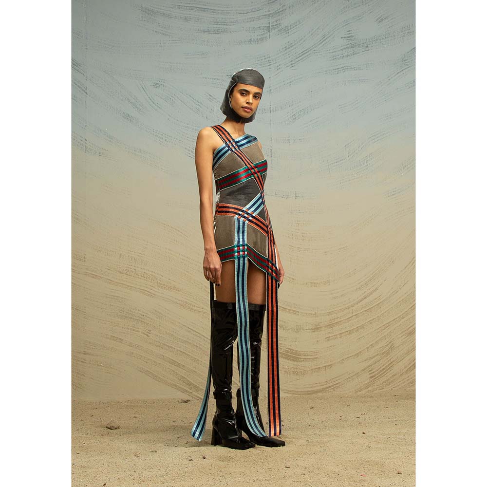 AKHL Multi-Colour Asymmetric Angular Glass Dress