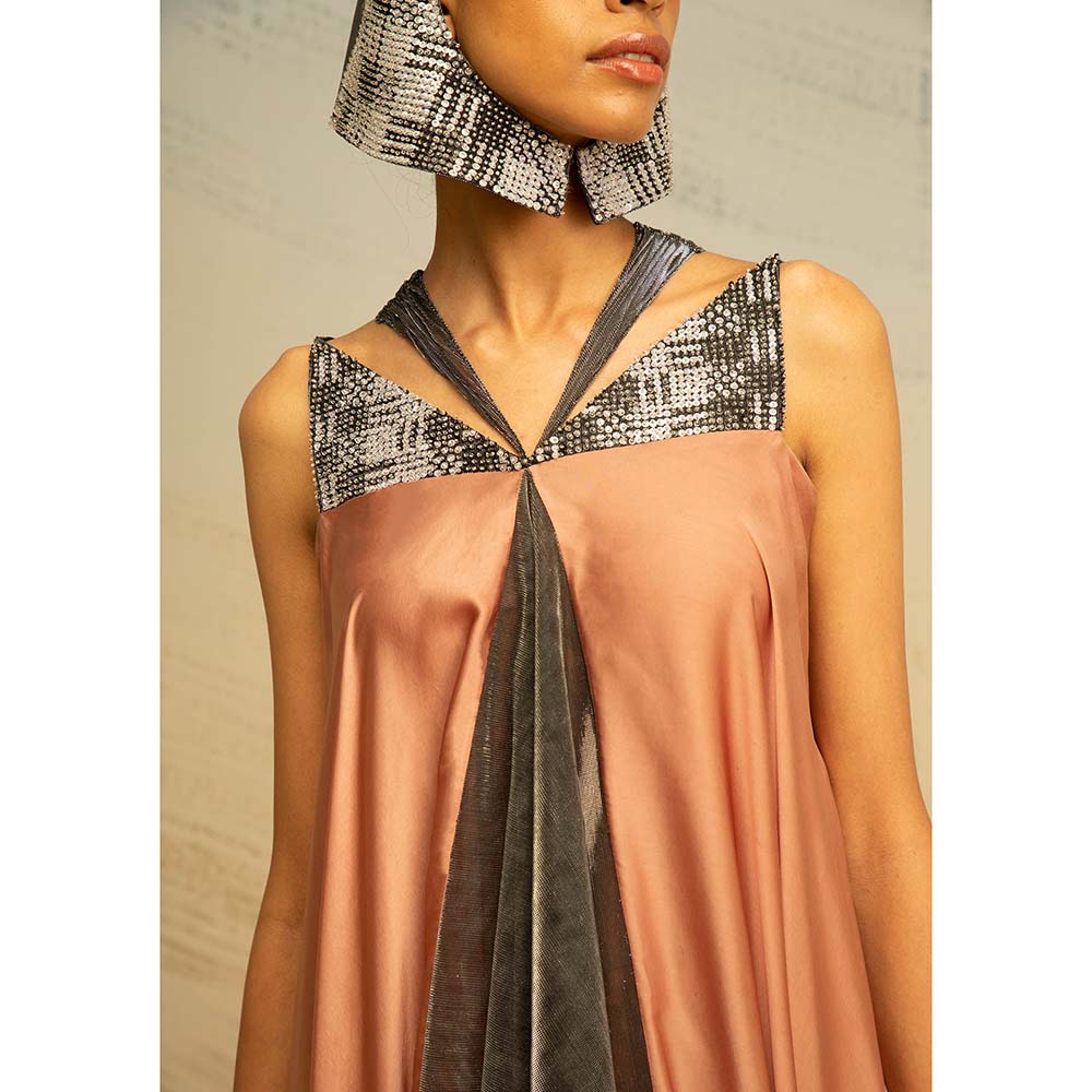 AKHL Peach Triangular Sequins Yoke Dress with Fall Panels